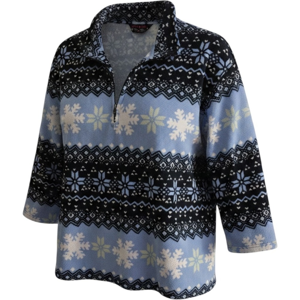 Oleg Cassini Fleece Pullover Women 2X Blue Fair Isle Snowflake Winter Cabin, Y2K